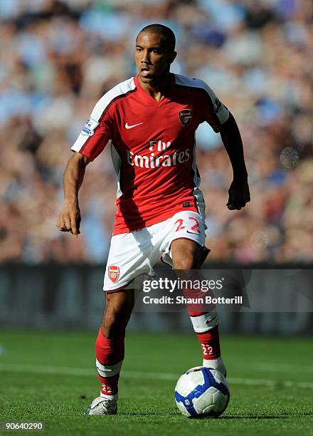 Gael Clichy of Arsenal on action during the Barclays Premier League match between Manchester City and Arsenal at the City of Manchester Stadium on...