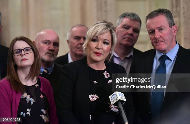 Sinn Fein northern leader Michelle O'Neill gives her reaction following the NI Secretary of State Karen Bradley statement that talks between the...