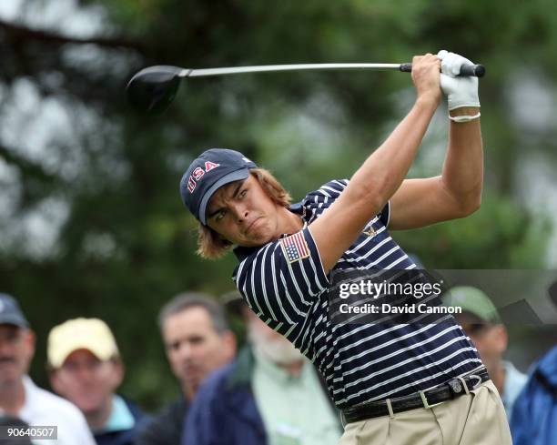 Rickie Fowler of the USA hits his tee shot at the 2nd hole during the afternoon singles matches on the East Course at Merion Golf Club on September...