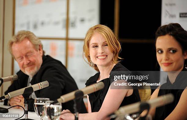 Directors Ridley Scott, Jordan Scott and actress Eva Green speak onstage at the "Cracks" press conference held at the Sutton Place Hotel on September...