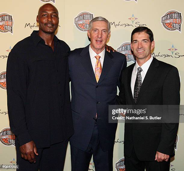 Inductees Jerry Sloan and John Stockton walk the red carpet with former Utah Jazz player Karl Malone during the Basketball Hall of Fame Class of 2009...