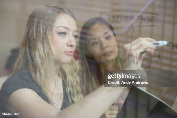 young businesswomen writing with a marker on glass - andy andrews stock-fotos und bilder