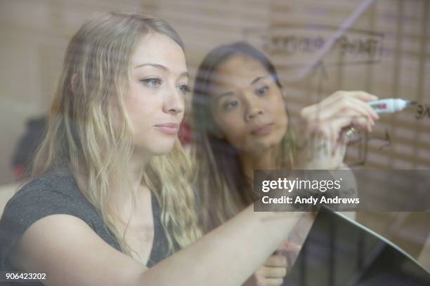 young businesswomen writing with a marker on glass - andy andrews stockfoto's en -beelden