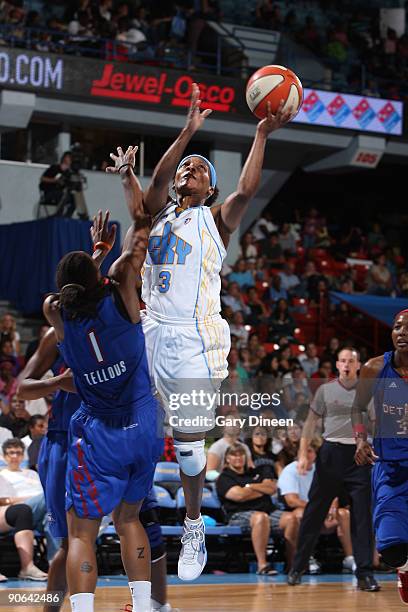 Dominique Canty of the Chicago Sky shoots over Shavonte Zellous of the Detroit Shock during the WNBA game on September 12, 2009 at the UIC Pavilion...