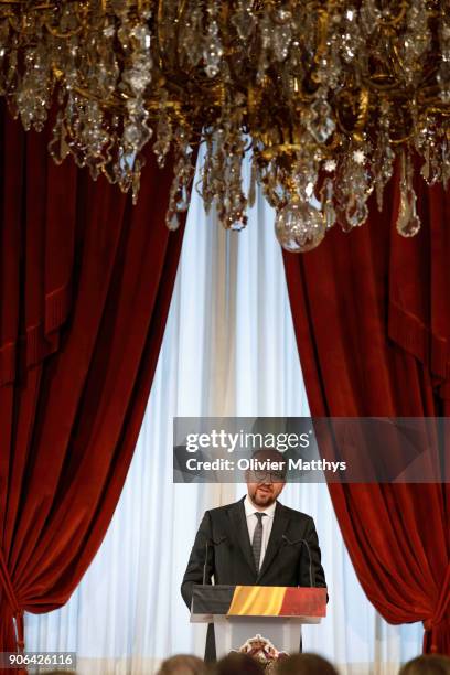 Prime Minister of Belgium Charles Michel delivers a speech as King Philippe of Belgium and Queen Mathilde receive the Belgian Authorities at the...