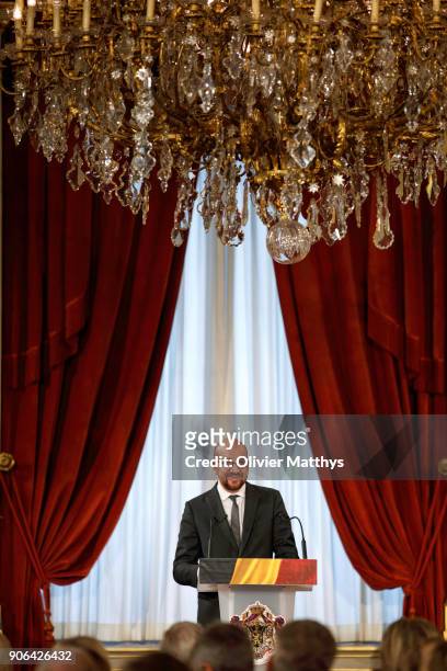 Prime Minister of Belgium Charles Michel delivers a speech as King Philippe of Belgium and Queen Mathilde receive the Belgian Authorities at the...