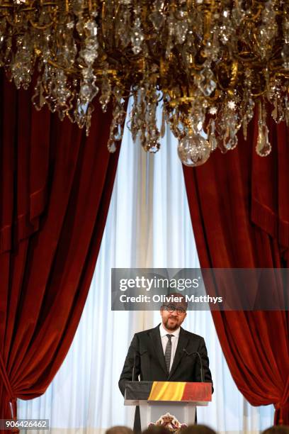 Prime Minister of Belgium Charles Michel delivers a speech as King Philippe of Belgium and Queen Mathilde receive the Belgian Authorities at the...