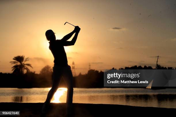 Joakim Lagergren of Sweden plays his second shot on the ninth hole during round one of the Abu Dhabi HSBC Golf Championship at Abu Dhabi Golf Club on...