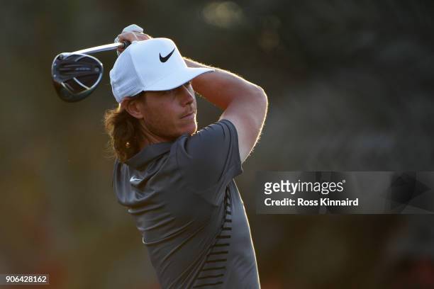 Kristoffer Broberg of Sweden plays his shot from the ninth tee during round one of the Abu Dhabi HSBC Golf Championship at Abu Dhabi Golf Club on...