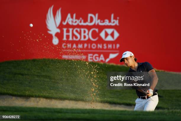 Joakim Lagergren of Sweden plays his third shot from a bunker on the ninth hole during round one of the Abu Dhabi HSBC Golf Championship at Abu Dhabi...