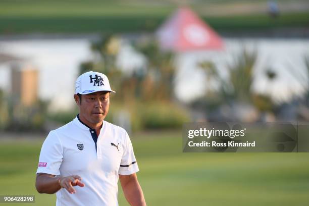 Hideto Tanihara of Japan reacts on the ninth green during round one of the Abu Dhabi HSBC Golf Championship at Abu Dhabi Golf Club on January 18,...