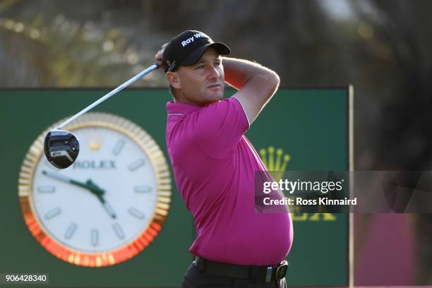 Sam Brazel of Australia plays his shot from the ninth tee during round one of the Abu Dhabi HSBC Golf Championship at Abu Dhabi Golf Club on January...