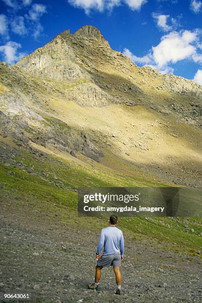 hiker man looking at mountain summit landscape - wetterhorn stock pictures, royalty-free photos & images