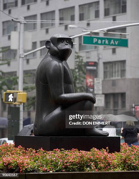 François-Xavier Lalanne�s last sculpture, Singe Avisé , a cross-legged monkey with a pensive expression on Park Ave September 12, 2009 in New York....