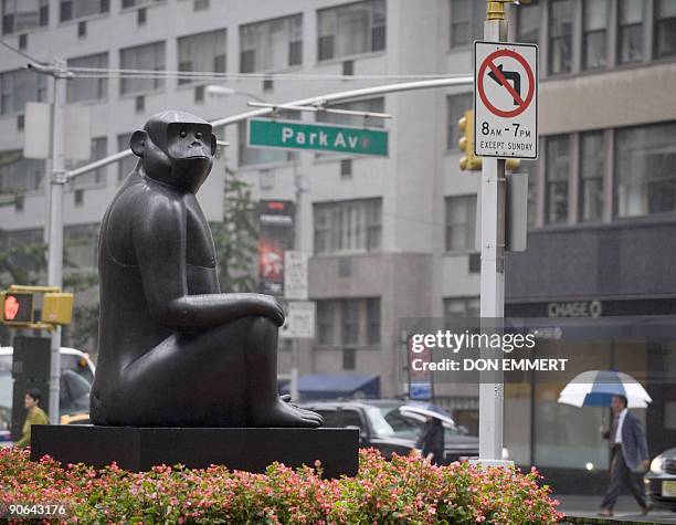 François-Xavier Lalanne�s last sculpture, Singe Avisé , a cross-legged monkey with a pensive expression on Park Ave September 12, 2009 in New York....