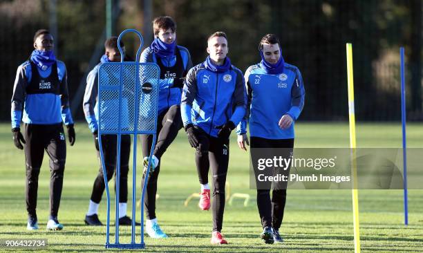 Andy King and Matty James during the Leicester City training session at Belvoir Drive Training Complex on January 18 , 2018 in Leicester, United...