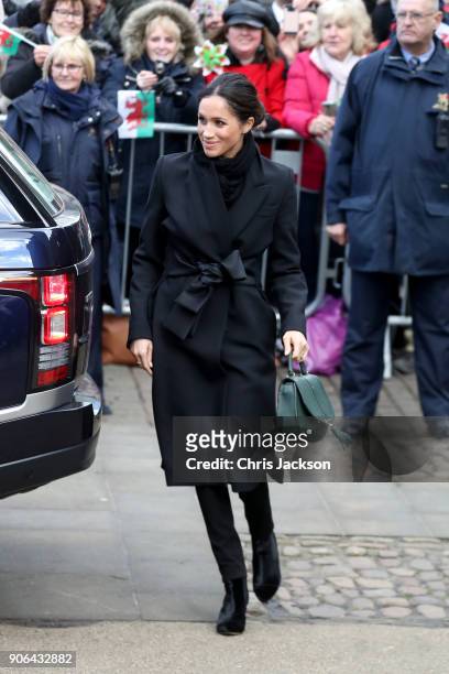 Meghan Markle arrives to a walkabout at Cardiff Castle on January 18, 2018 in Cardiff, Wales.