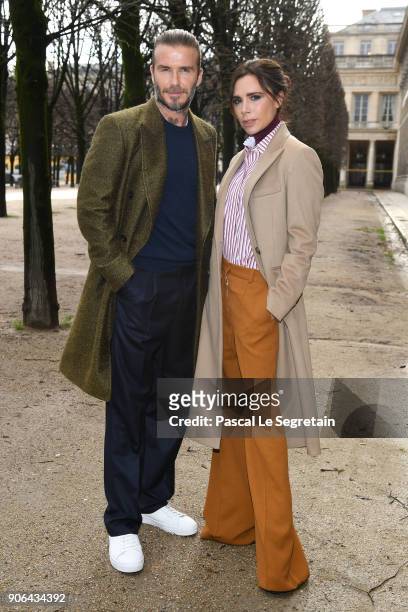 David Beckham and Victoria Beckham attend the Louis Vuitton Menswear Fall/Winter 2018-2019 show as part of Paris Fashion Week on January 18, 2018 in...