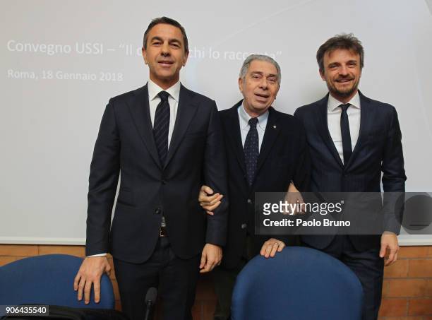 Former Milan player Alessandro Costacurta, Luigi Ferrajolo president of USSI and Andrea Stefani pose during the Italian Football Federation and USSI...
