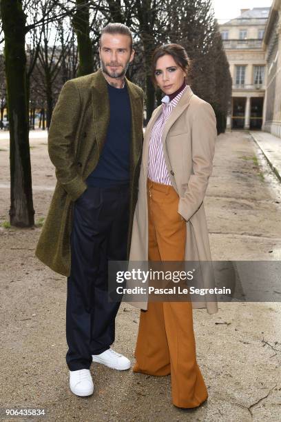 David Beckham and Victoria Beckham attend the Louis Vuitton Menswear Fall/Winter 2018-2019 show as part of Paris Fashion Week on January 18, 2018 in...