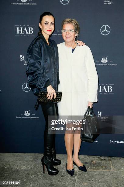 Designer Anita Tillmann and Inga Griese-Schwenkow during the Fashion HAB show presented by Mercedes-Benz at Halle am Berghain on January 17, 2018 in...