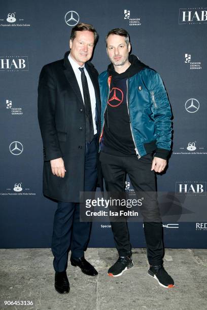 Philipp Wolf and Marcus Kurz during the Fashion HAB show presented by Mercedes-Benz at Halle am Berghain on January 17, 2018 in Berlin, Germany.