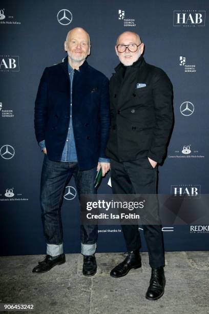 Designer Joerg Ehrlich and Otto Droegsler during the Fashion HAB show presented by Mercedes-Benz at Halle am Berghain on January 17, 2018 in Berlin,...