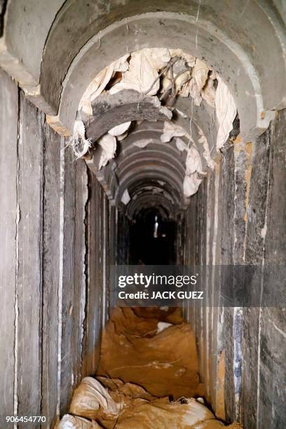 Picture taken on January 18, 2018 from the Israeli side of the border with the Gaza Strip shows a tunnel, that Israel says was dug by the Islamic...