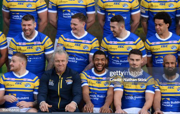 Brian McDermott head coach of Leeds Rhinos and Kallum Watkins and the squad pose for a picture during the Leeds Rhinos Media Day at Leeds Rugby...