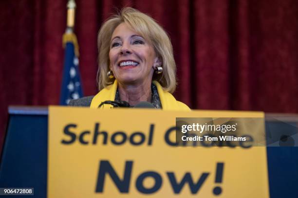 Education Secretary Betsy DeVos speaks during a rally to promote the importance of school choice as part of "National School Choice Week," in Russell...