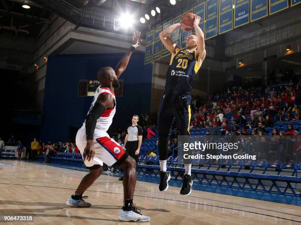 Jarrod Uthoff of the Fort Wayne Mad Ants shoots the ball against the Delaware 87ers during a G-League at the Bob Carpenter Center in Newark, Delaware...