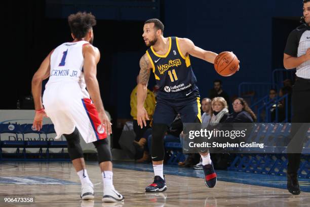 Trey McKinney-Jones of the Fort Wayne Mad Ants handles the ball against the Delaware 87ers during a G-League at the Bob Carpenter Center in Newark,...