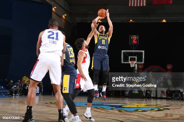 Trey McKinney-Jones of the Fort Wayne Mad Ants shoots the ball against the Delaware 87ers during a G-League at the Bob Carpenter Center in Newark,...