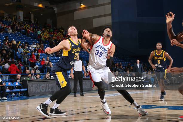 Christian Wood of the Delaware 87ers fights for positioning against Jarrod Uthoff of the Fort Wayne Mad Ants during a G-League at the Bob Carpenter...