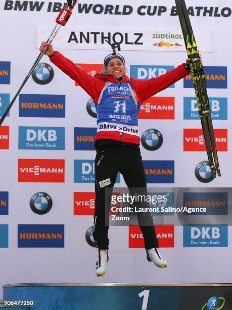 Tiril Eckhoff of Norway takes joint 1st place during the IBU Biathlon World Cup Women's Sprint on January 18, 2018 in Antholz-Anterselva, Italy.