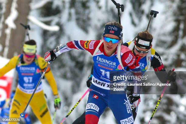 Tiril Eckhoff of Norway takes 1st place during the IBU Biathlon World Cup Women's Sprint on January 18, 2018 in Antholz-Anterselva, Italy.