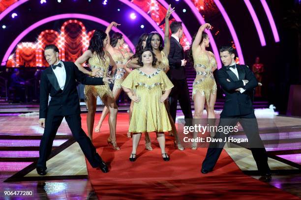 Kevin Clifton, Amy Dowden, Susan Calman, Alexandra Burke, Chloe Hewitt and Gorka Marquez attend the 'Strictly Come Dancing' Live! photocall at Arena...