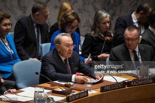 Kazakistan's President Nursultan Nazarbayev speaks during a Security Council meeting on Non-proliferation of weapons of mass destruction, at the...
