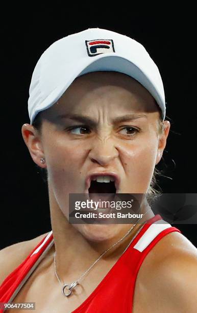 Ashleigh Barty of Australia celebrates winning a set in her second round match against Camila Giorgi of Italy on day four of the 2018 Australian Open...