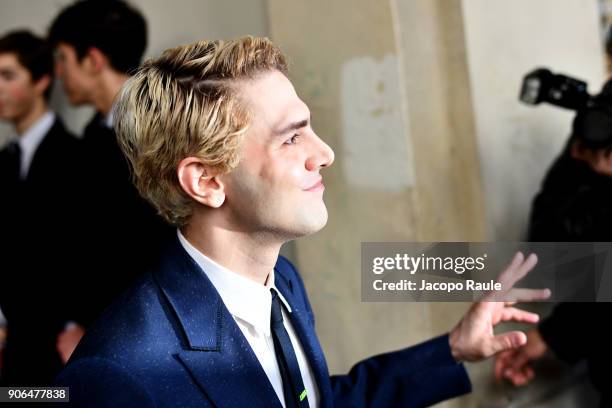 Xavier Dolan is seen arriving at Louis Vuitton Menswear Fall/Winter 2018-2019 show as part of Paris Fashion Week on January 18, 2018 in Paris, France.