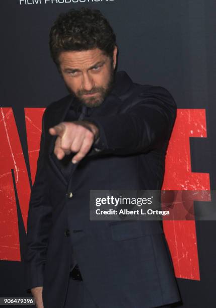 Actor Gerard Butler arrives for the Premiere Of STX Films' "Den Of Thieves" held at Regal LA Live Stadium 14 on January 17, 2018 in Los Angeles,...