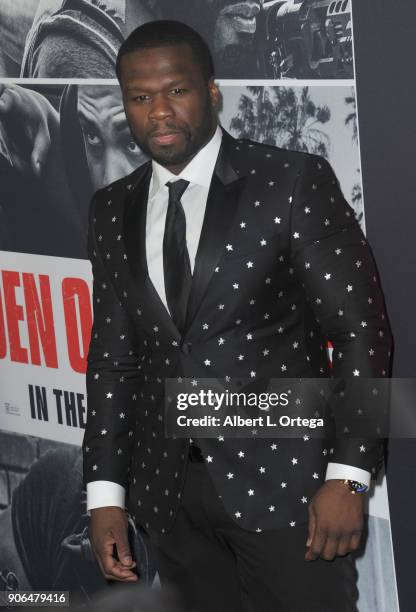 Actor/rapper Curtis Jackson aka 50 Cent arrives for the Premiere Of STX Films' "Den Of Thieves" held at Regal LA Live Stadium 14 on January 17, 2018...