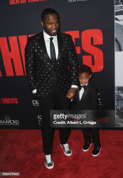 Actor/rapper Curtis Jackson aka 50 Cent and son Sire Jackson arrive for the Premiere Of STX Films' "Den Of Thieves" held at Regal LA Live Stadium 14...