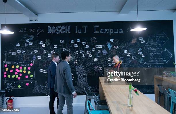 Tree diagram adorns a chalk board in a communal rest area as Robert Bosch GmbH opens an Internet of Things campus in Berlin, Germany, on Thursday,...