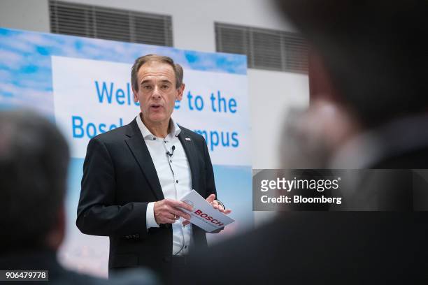 Volkmar Denner, chief executive officer of Robert Bosch GmbH, speaks on stage as the industrial engineering company opens an Internet of Things...