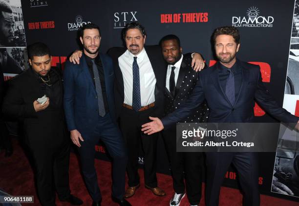 Actors 'Shea Jackson Jr., Pablo Schreiber, director Christian Gudegast, Curtis Jackson and Gerard Butler arrives for the Premiere Of STX Films' "Den...