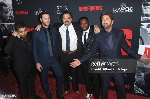 Actors 'Shea Jackson Jr., Pablo Schreiber, director Christian Gudegast, Curtis Jackson and Gerard Butler arrives for the Premiere Of STX Films' "Den...