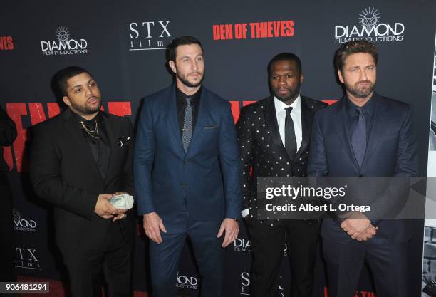 Actors 'Shea Jackson Jr., Pablo Schreiber, Curtis Jackson and Gerard Butler arrives for the Premiere Of STX Films' "Den Of Thieves" held at Regal LA...