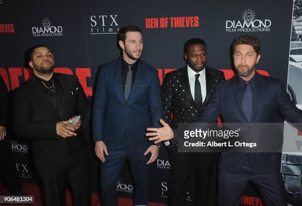 Actors 'Shea Jackson Jr., Pablo Schreiber, Curtis Jackson and Gerard Butler arrives for the Premiere Of STX Films' "Den Of Thieves" held at Regal LA...