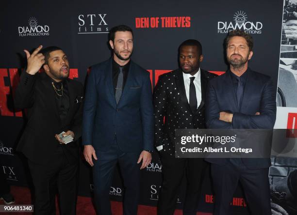 Actors 'Shea Jackson Jr., Pablo Schreiber, Curtis Jackson and Gerard Butler arrives for the Premiere Of STX Films' "Den Of Thieves" held at Regal LA...